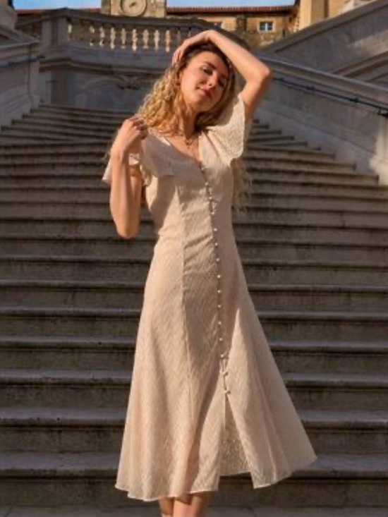 Zara Dresses & Skirts - Zara blush pink chevron midi dress flutter sleeves, a button-front design